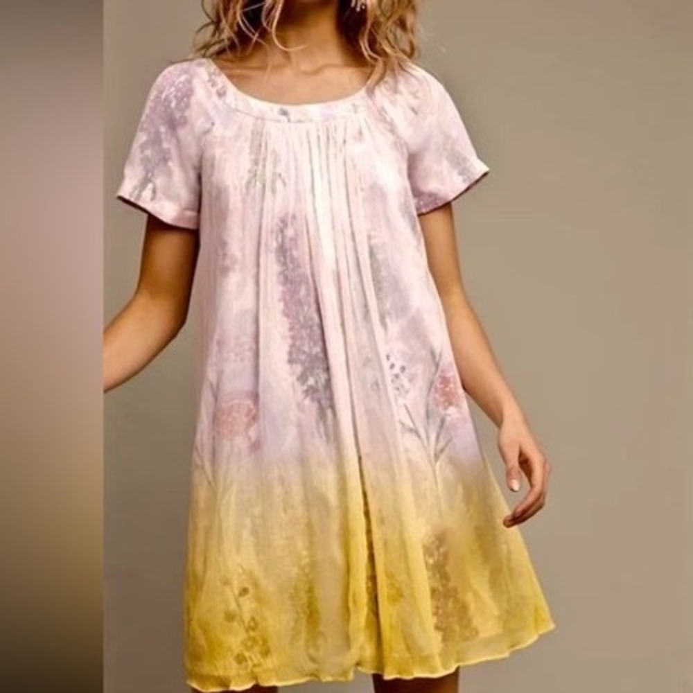 HD in Paris Anthropologie Floral Ombre Pleated Babydoll‎ Mini Dress Pink Ylw ee